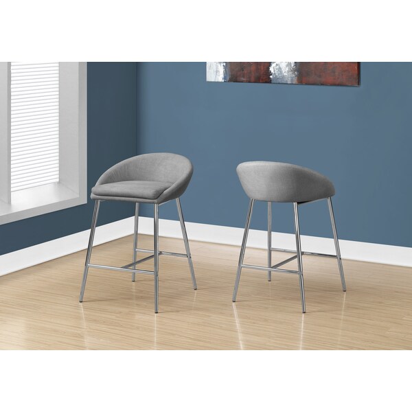 Monarch Specialties Bar Stool, Set Of 2, Counter Height, Kitchen, Metal, Fabric, Grey, Chrome, Contemporary, Modern - I 2298