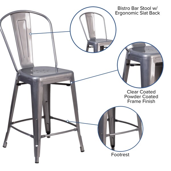 Flash Furniture Indoor Stool w/Back, Metal, Clear Coat, 24" - XU-DG-TP001B-24-GG