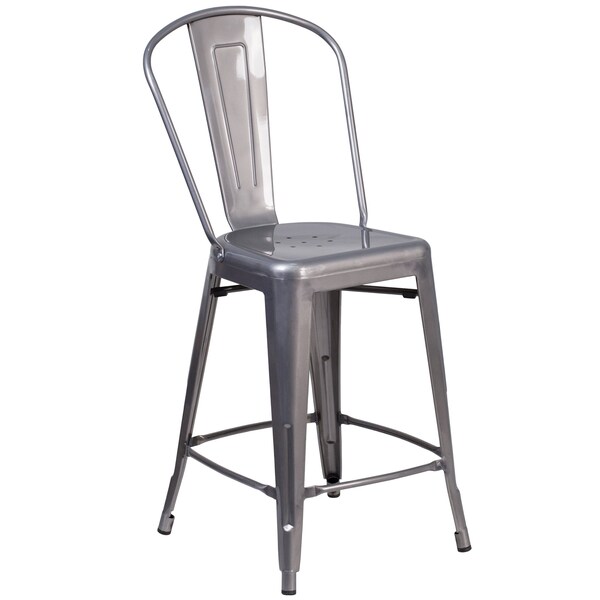 Flash Furniture Indoor Stool w/Back, Metal, Clear Coat, 24" - XU-DG-TP001B-24-GG