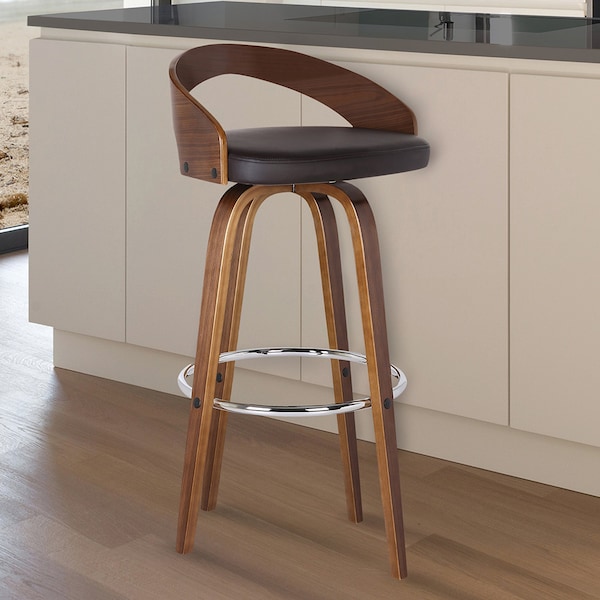 Armen Living Sonia 26" Counter Height Swivel Brown Faux Leather and Walnut Wood Bar Stool - LCSOBABRWA26