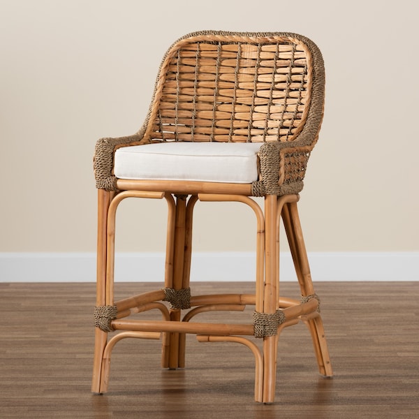 Baxton Studio Kyle Modern Bohemian Natural Brown Woven Rattan Counter Stool with Cushion - 212-12805-ZORO