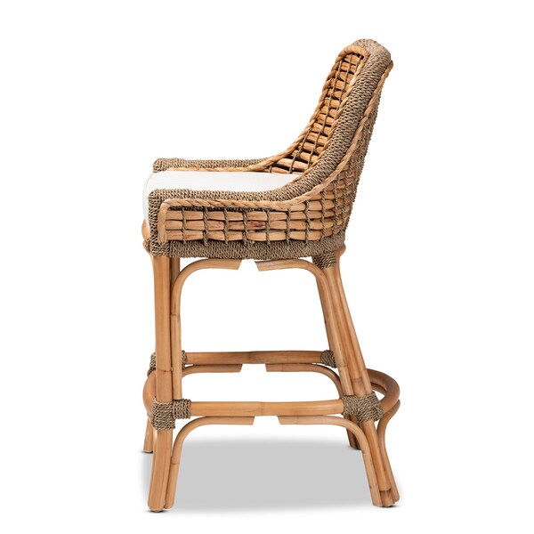 Baxton Studio Kyle Modern Bohemian Natural Brown Woven Rattan Counter Stool with Cushion - 212-12805-ZORO