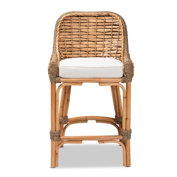 Baxton Studio Kyle Modern Bohemian Natural Brown Woven Rattan Counter Stool with Cushion - 212-12805-ZORO
