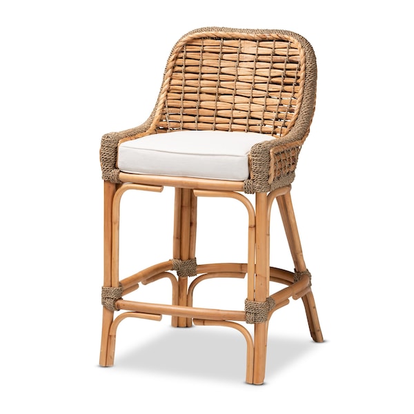 Baxton Studio Kyle Modern Bohemian Natural Brown Woven Rattan Counter Stool with Cushion - 212-12805-ZORO