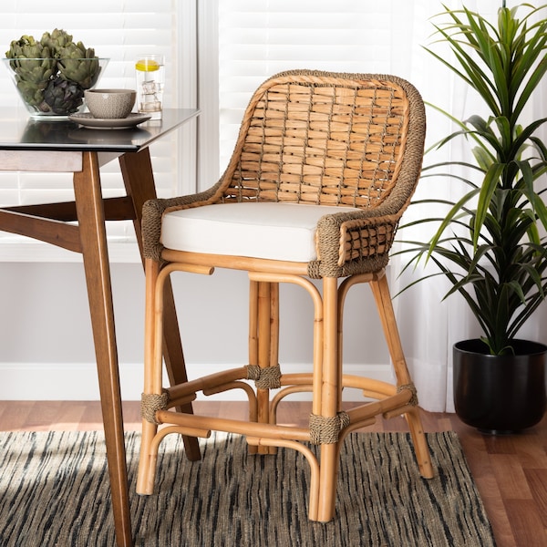 Baxton Studio Kyle Modern Bohemian Natural Brown Woven Rattan Counter Stool with Cushion - 212-12805-ZORO