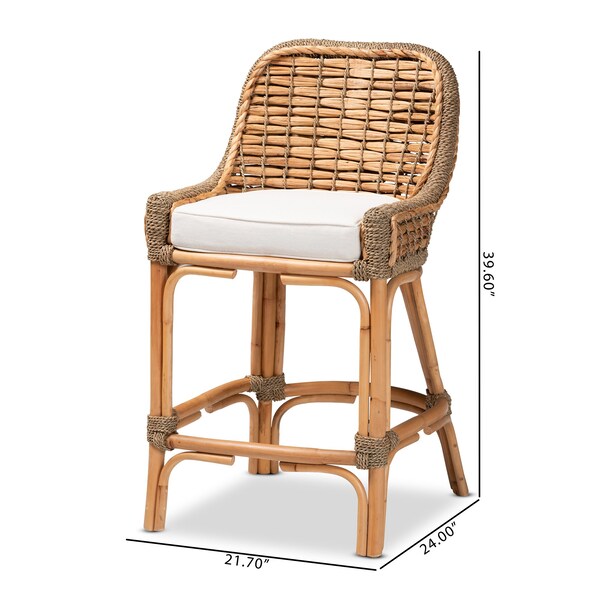 Baxton Studio Kyle Modern Bohemian Natural Brown Woven Rattan Counter Stool with Cushion - 212-12805-ZORO