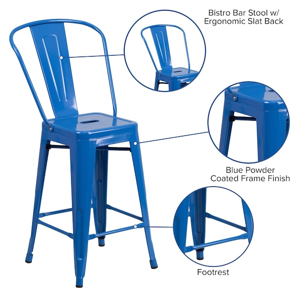 Flash Furniture 4Pack 24"H Blue Metal Counter Height Stool w/ Back - 4-CH-31320-24GB-BL-GG