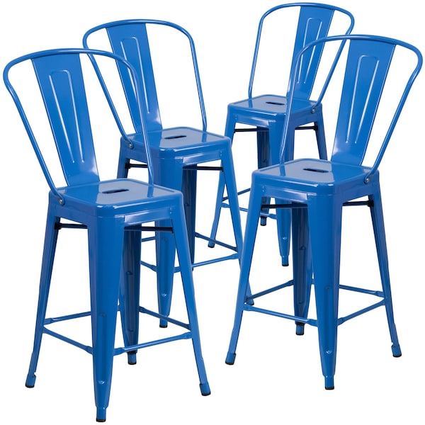 Flash Furniture 4Pack 24"H Blue Metal Counter Height Stool w/ Back - 4-CH-31320-24GB-BL-GG
