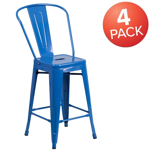 Flash Furniture 4Pack 24"H Blue Metal Counter Height Stool w/ Back - 4-CH-31320-24GB-BL-GG