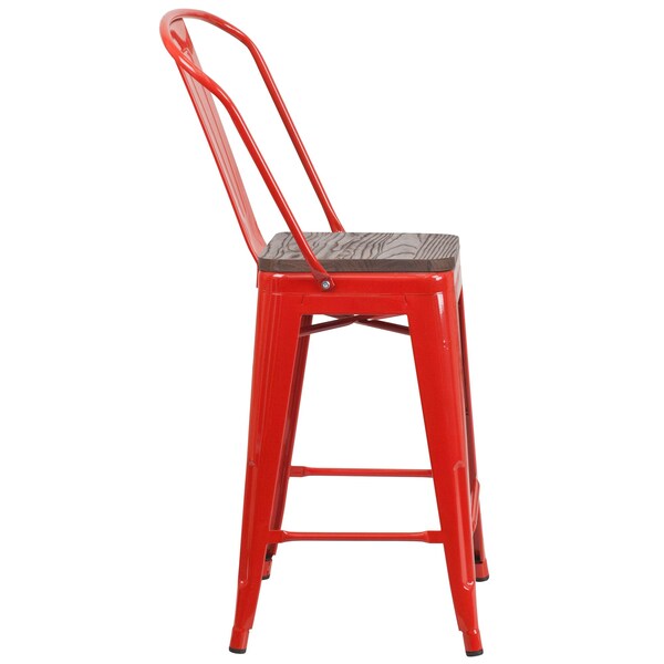 Flash Furniture High Red Metal Counter Height Stool with Back and Wood Seat, 24" - 4-CH-31320-24GB-RED-WD-GG