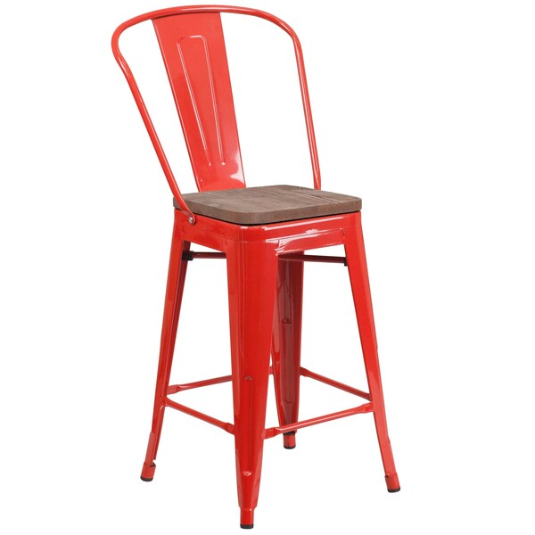 Flash Furniture High Red Metal Counter Height Stool with Back and Wood Seat, 24" - 4-CH-31320-24GB-RED-WD-GG