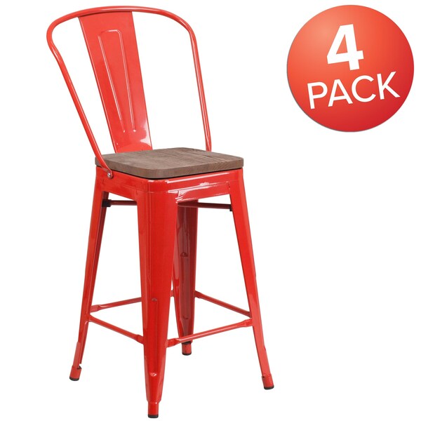 Flash Furniture High Red Metal Counter Height Stool with Back and Wood Seat, 24" - 4-CH-31320-24GB-RED-WD-GG