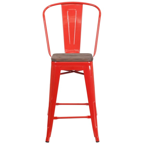 Flash Furniture High Red Metal Counter Height Stool with Back and Wood Seat, 24" - 4-CH-31320-24GB-RED-WD-GG