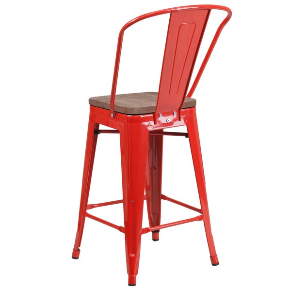 Flash Furniture High Red Metal Counter Height Stool with Back and Wood Seat, 24" - 4-CH-31320-24GB-RED-WD-GG