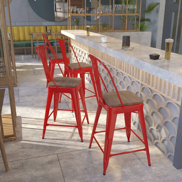 Flash Furniture High Red Metal Counter Height Stool with Back and Wood Seat, 24" - 4-CH-31320-24GB-RED-WD-GG