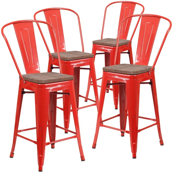 Flash Furniture High Red Metal Counter Height Stool with Back and Wood Seat, 24" - 4-CH-31320-24GB-RED-WD-GG