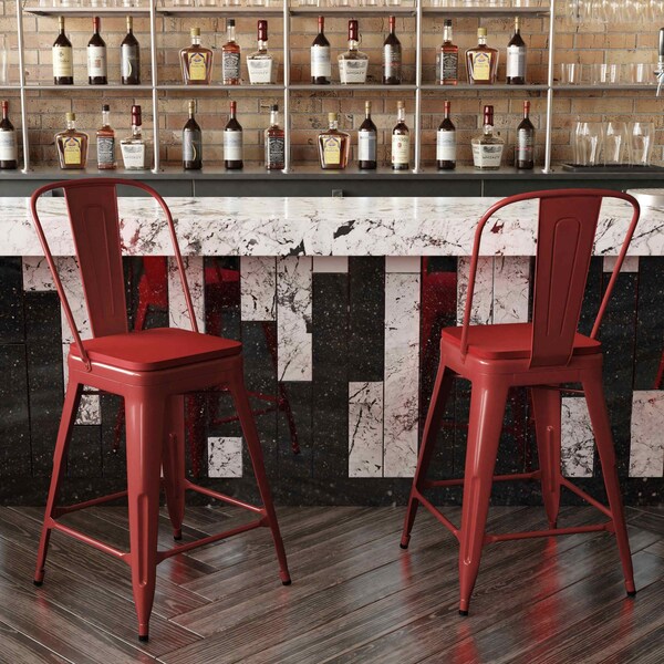 Flash Furniture 24" Red Metal Counter Stool-Red Poly Seat - CH-31320-24GB-RED-PL2R-GG
