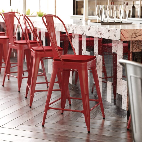 Flash Furniture 24" Red Metal Counter Stool-Red Poly Seat - CH-31320-24GB-RED-PL2R-GG