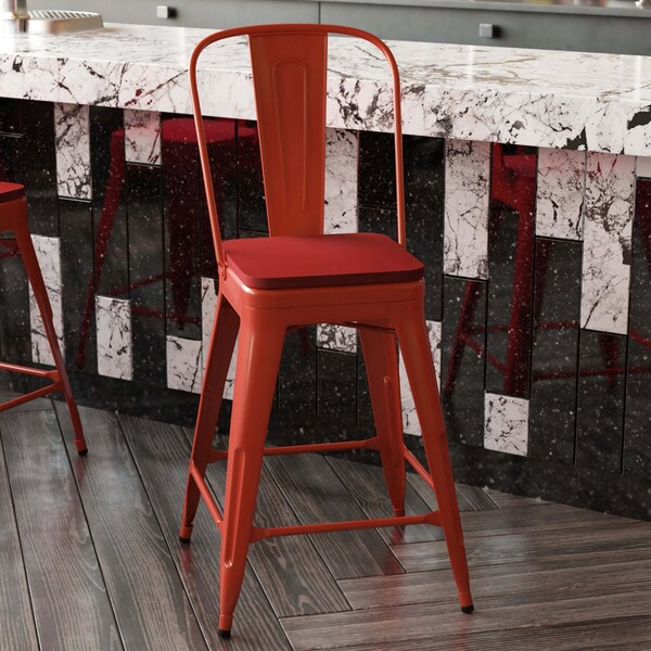 Flash Furniture 24" Red Metal Counter Stool-Red Poly Seat - CH-31320-24GB-RED-PL2R-GG