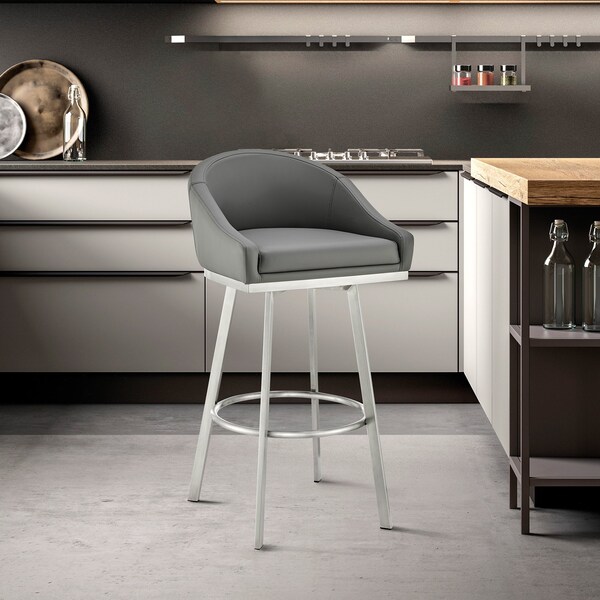 Armen Living Noran Swivel Counter Stool in Brushed Stainless Steel with Gray Faux Leather - 840254335769