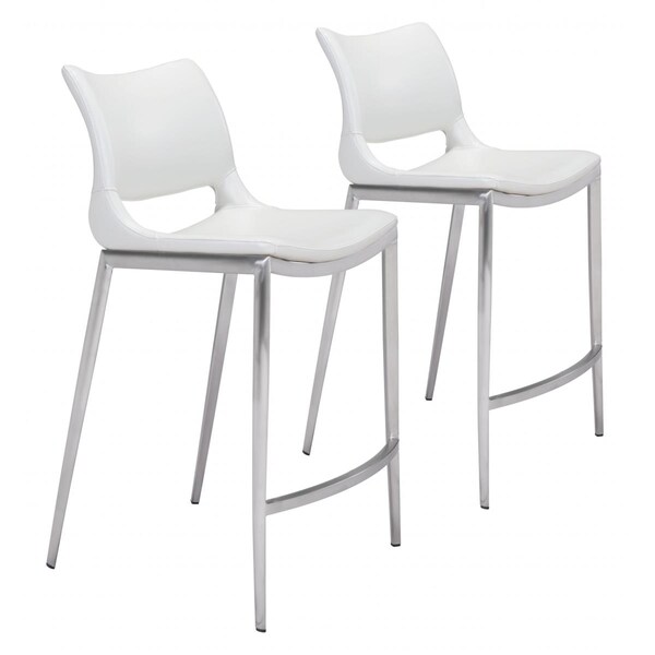 Homeroots White Faux Leather & Silver Mod Ergo Counter Chairs, 2PK - 396487