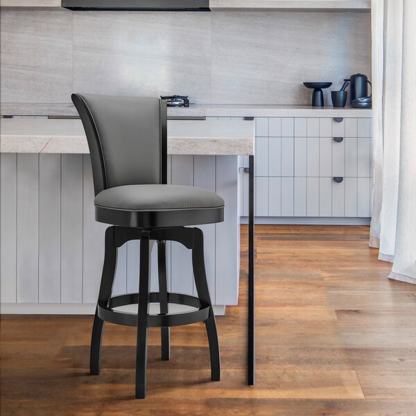 Armen Living Raleigh 26" Counter Height Swivel Barstool in Black Finish and Gray Faux Leather - LCRABASIBLGR26