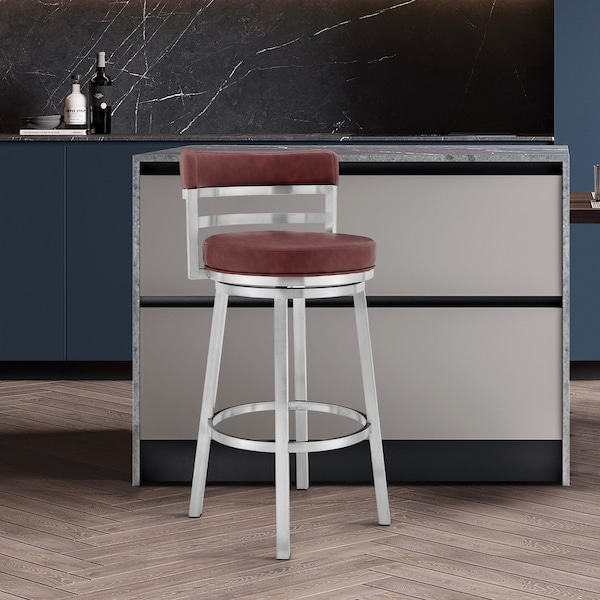 Armen Living Titana 26" Counter Height Swivel Red Faux Leather and Brushed Stainless Steel Bar Stool - 840254335165