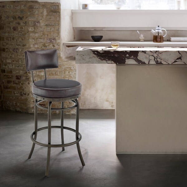 Armen Living Rees Swivel Counter or Bar Stool in Mocha Finish with Brown Faux Leather - 840254333611