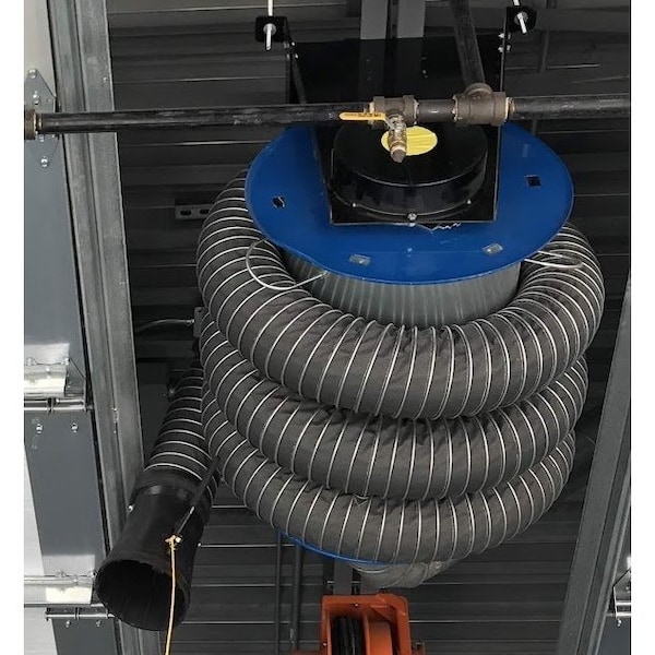 Lev-Co 4" low temp motorized hose reel c/w 25' of hose, electric motor and remote control - HRE-4-25-LT