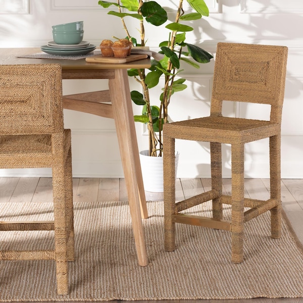 Bali & Pari Anfield Modern Bohemian Natural Seagrass and Mahogany Wood Counter Stool - 243-13486-ZORO