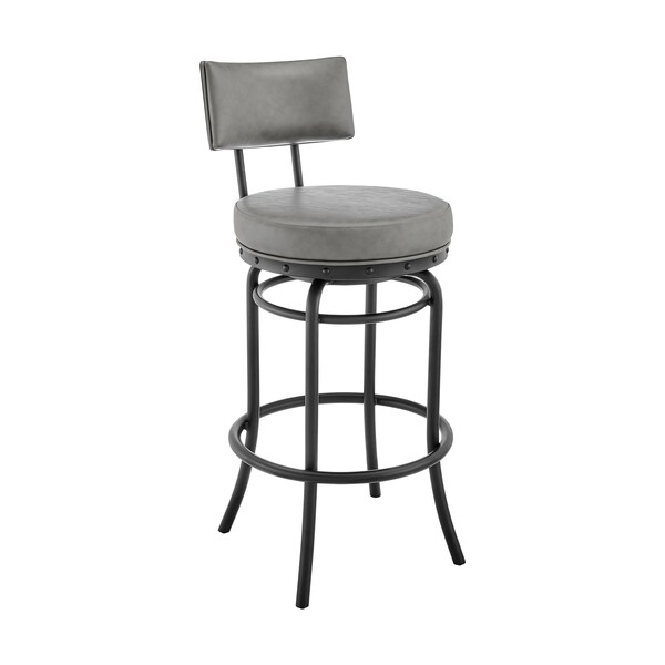 Armen Living Rees Swivel Counter or Bar Stool in Black Finish with Gray Faux Leather - 840254333628