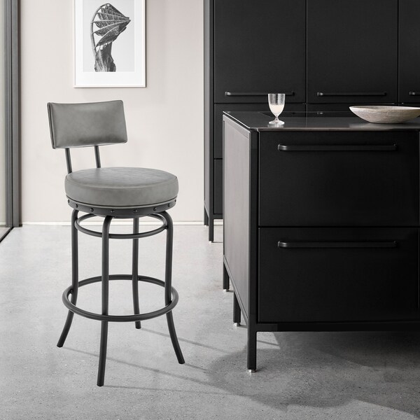 Armen Living Rees Swivel Counter or Bar Stool in Black Finish with Gray Faux Leather - 840254333628