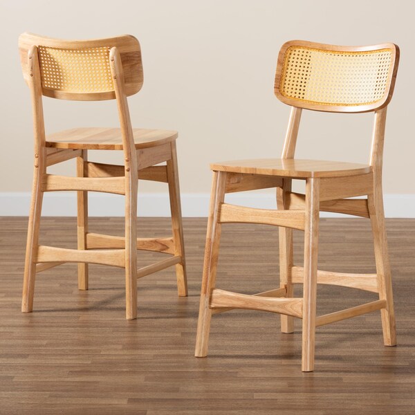 Baxton Studio Tadeo Mid-Century Modern Oak Brown Finished Wood and Rattan 2-Piece Counter Stool Set, PR - 239-2PC-13421-ZORO
