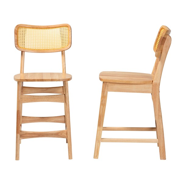 Baxton Studio Tadeo Mid-Century Modern Oak Brown Finished Wood and Rattan 2-Piece Counter Stool Set, PR - 239-2PC-13421-ZORO