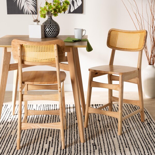 Baxton Studio Tadeo Mid-Century Modern Oak Brown Finished Wood and Rattan 2-Piece Counter Stool Set, PR - 239-2PC-13421-ZORO