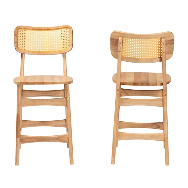 Baxton Studio Tadeo Mid-Century Modern Oak Brown Finished Wood and Rattan 2-Piece Counter Stool Set, PR - 239-2PC-13421-ZORO
