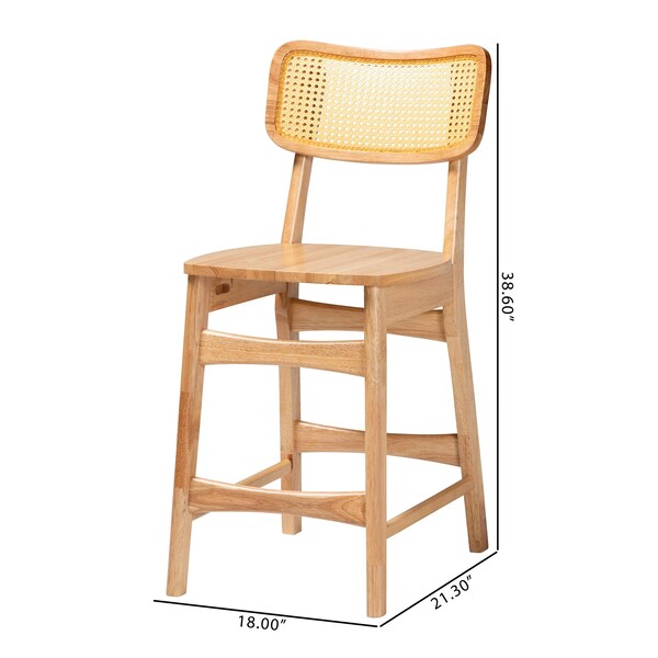 Baxton Studio Tadeo Mid-Century Modern Oak Brown Finished Wood and Rattan 2-Piece Counter Stool Set, PR - 239-2PC-13421-ZORO