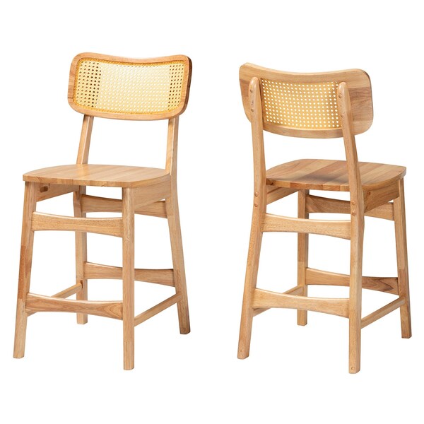 Baxton Studio Tadeo Mid-Century Modern Oak Brown Finished Wood and Rattan 2-Piece Counter Stool Set, PR - 239-2PC-13421-ZORO