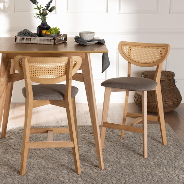 Baxton Studio Dannell Mid-Century Modern Grey Fabric and Natural Oak Finished Wood 2-Piece Counter Stool Set, PR - 235-2PC-13306-ZORO
