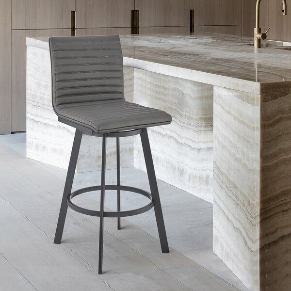 Armen Living Jermaine 26" Counter Height Swivel Bar Stool in Matt Black Finish with Gray Faux Leather - 721535762002