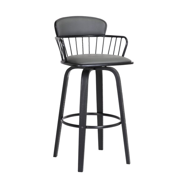 Armen Living Willow 25.5" Swivel Black Wood Counter Stool in Gray Faux Leather with Black Metal - LCWIBABLKGRY26