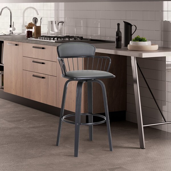 Armen Living Willow 25.5" Swivel Black Wood Counter Stool in Gray Faux Leather with Black Metal - LCWIBABLKGRY26