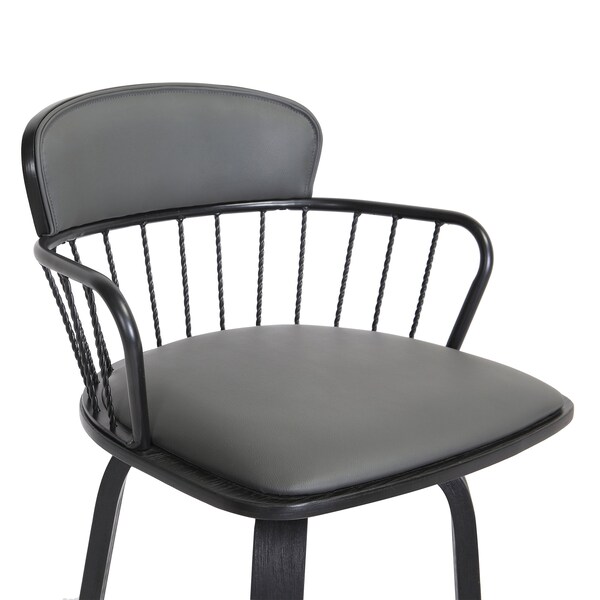 Armen Living Willow 25.5" Swivel Black Wood Counter Stool in Gray Faux Leather with Black Metal - LCWIBABLKGRY26