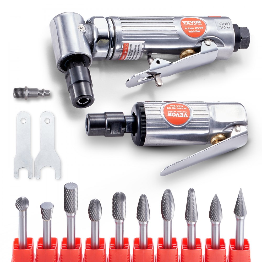 VEVOR Air Die Grinder Kit, Right Angle Grinder w/ Die Grinder Combo & 10PCS Single Cut Carbide Burr Set, Lightweight, Ball Bearing Construction for Grinding, Deburring, Cutting, Polishing - QDKMJMSZMHJMI0G1WV0