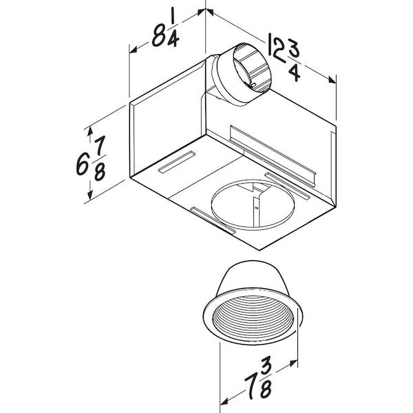 Broan Ceiling Recessed Fan, 70 cfm cfm, 4 in Duct Dia., 120V AC, With Light - 744