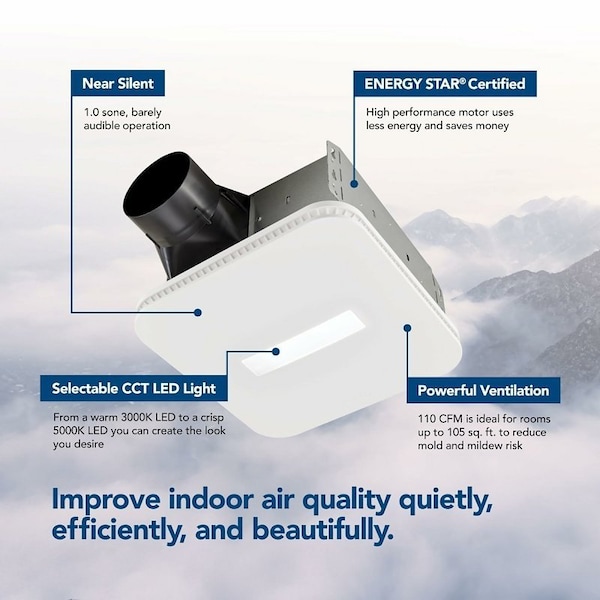Broan Roomside Exhaust Fan with Light, 0.45 A, 120 V, 110 cfm Air, 1 sones, LED Lamp, 4 in Duct, White - AER110CCTK