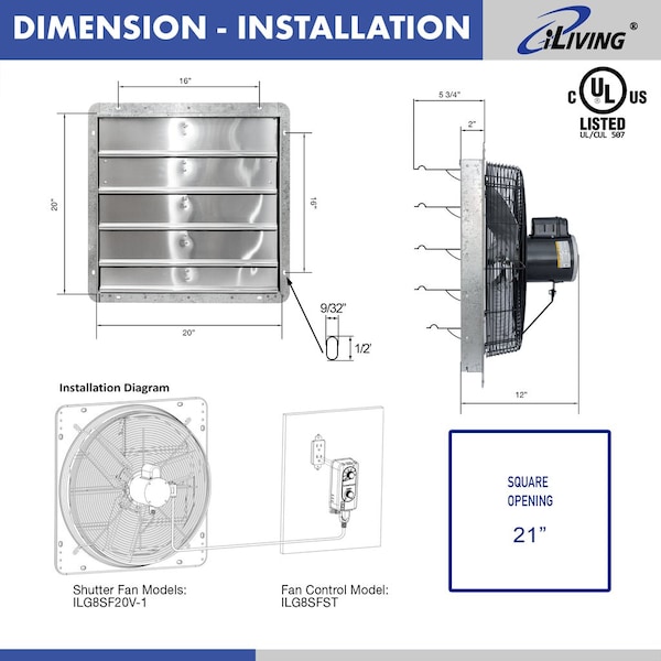 Iliving 20 in. Wall Mounted Shutter Exhaust Fan with Thermostat and Variable Speed controller, 3368 CFM - ILG8SF20V-ST