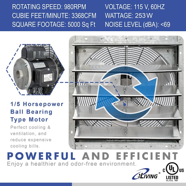 Iliving 20 in. Wall Mounted Shutter Exhaust Fan with Thermostat and Variable Speed controller, 3368 CFM - ILG8SF20V-ST