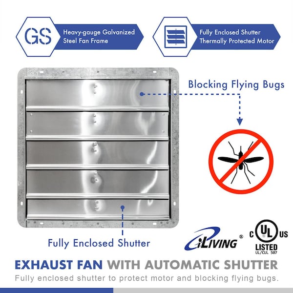 Iliving 20 in. Wall Mounted Shutter Exhaust Fan with Thermostat and Variable Speed controller, 3368 CFM - ILG8SF20V-ST