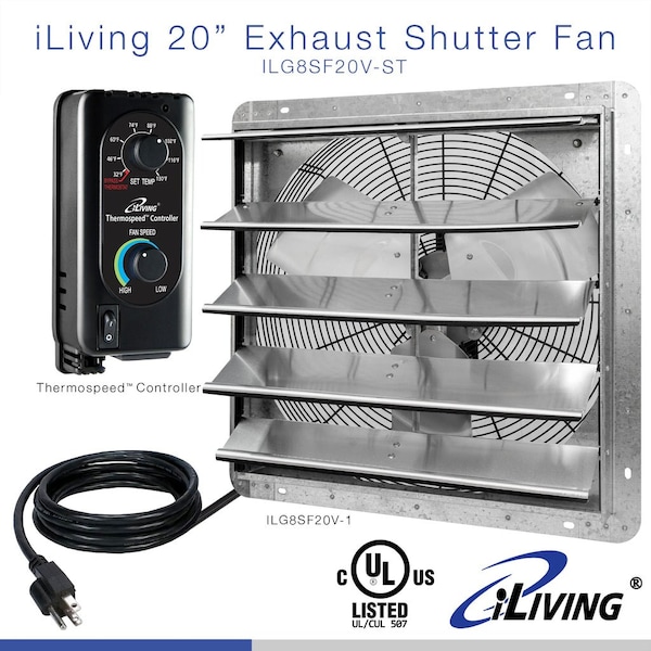 Iliving 20 in. Wall Mounted Shutter Exhaust Fan with Thermostat and Variable Speed controller, 3368 CFM - ILG8SF20V-ST
